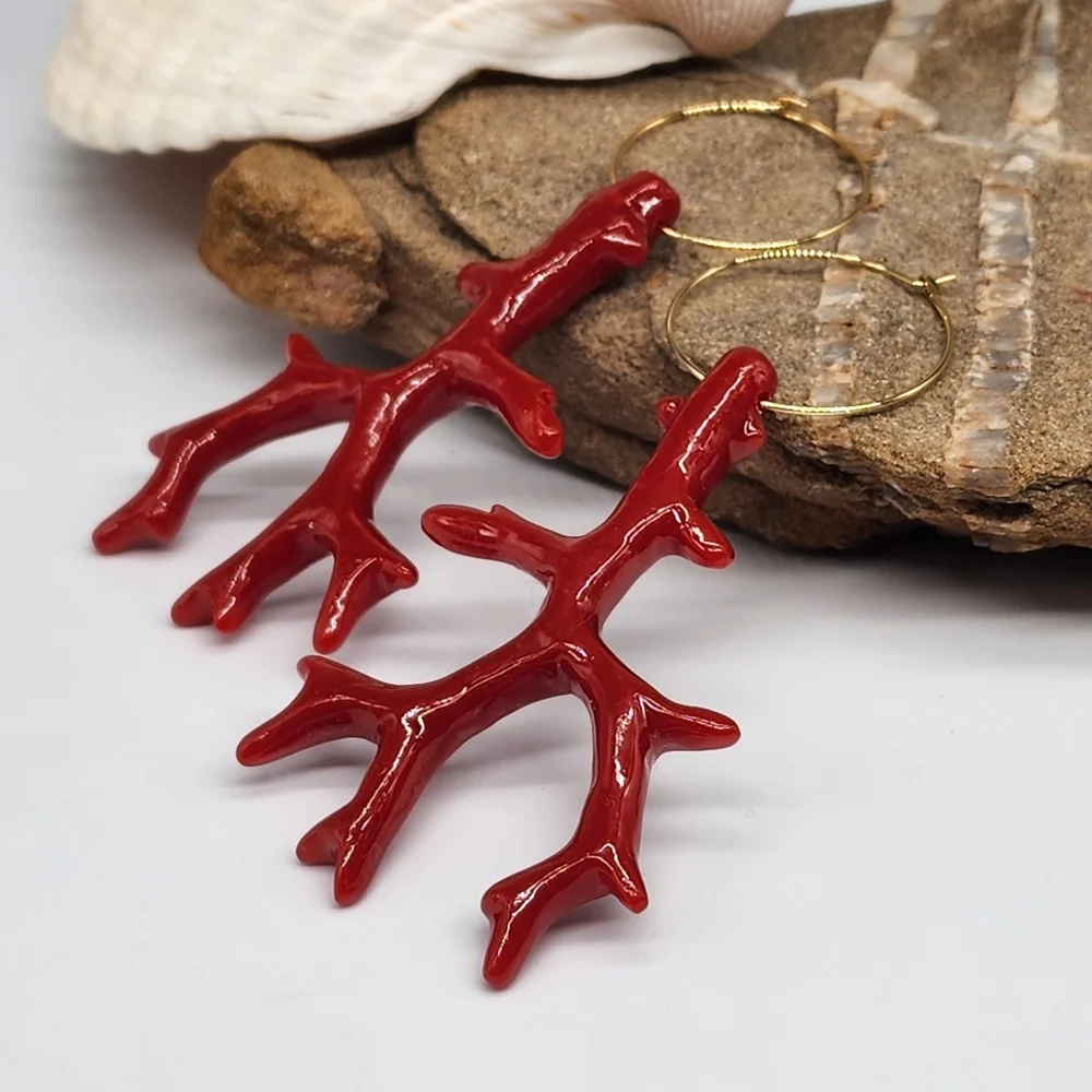 Anthro 14kt Gold plated Hoop Earrings/Studs Red Coral Branch